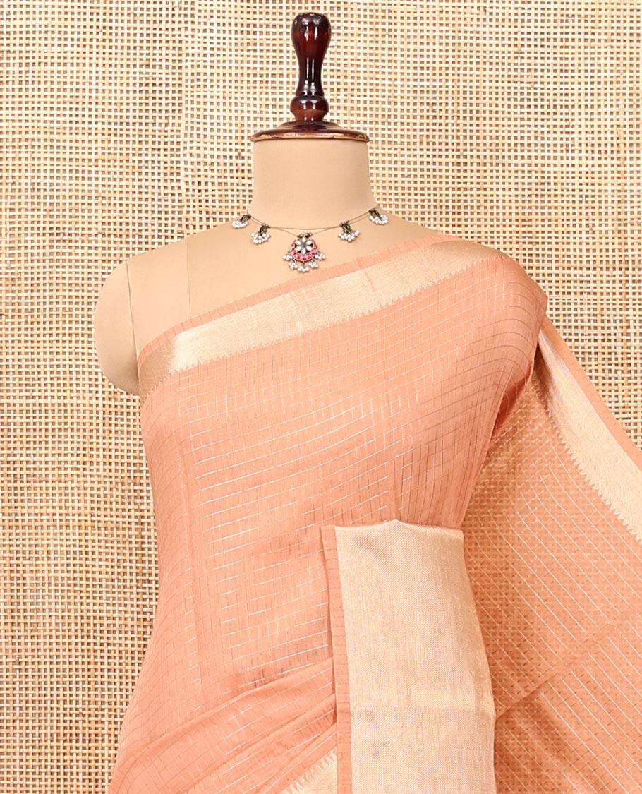 Peach Plain Assam Silk Saree, Complemented by a Contrast Traditional Zari Border, Zari-Design Pallu, and a Contrast Blouse