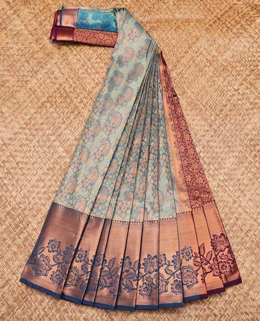 Blue Budget Silk Saree, Ornamented with Paisley Jacquard Design, Contrast Traditional Zari Border, Grand Pallu, and a Contrast Blouse