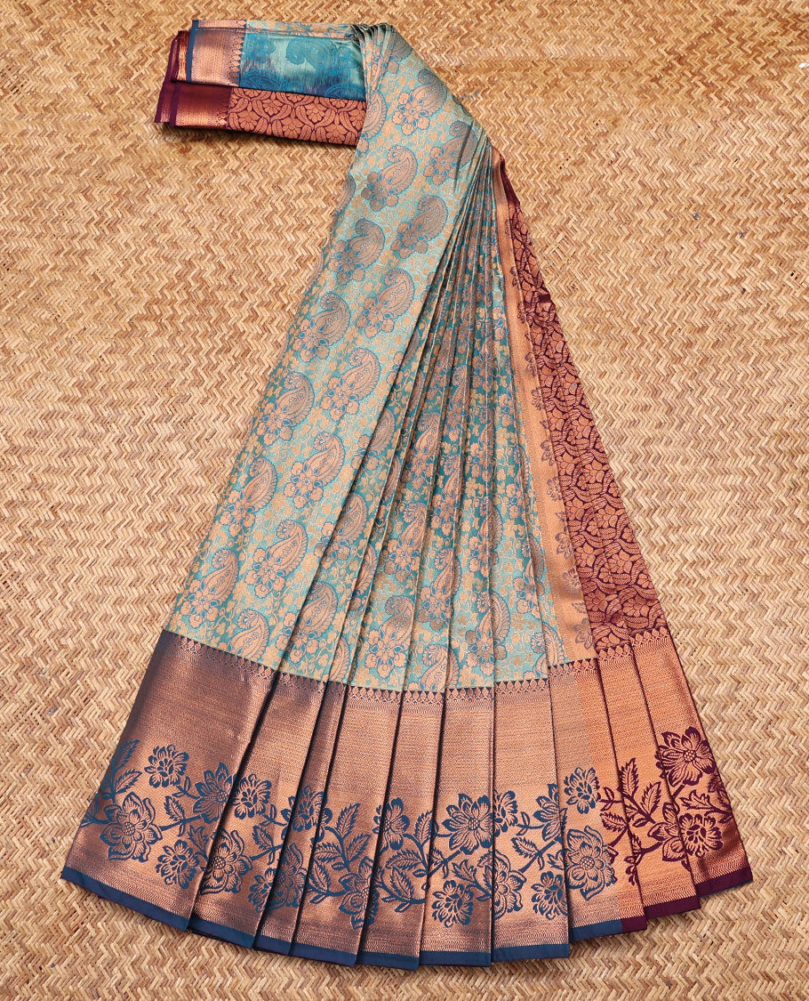 Blue Budget Silk Saree, Ornamented with Paisley Jacquard Design, Contrast Traditional Zari Border, Grand Pallu, and a Contrast Blouse