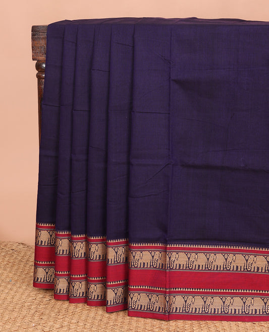 Navy blue plain Narayanapet cotton saree, contrast rettai pettu elephant border, and striped pallu