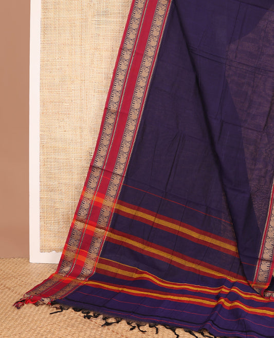 Navy blue plain Narayanapet cotton saree, contrast rettai pettu elephant border, and striped pallu