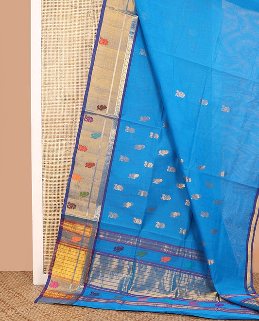 Blue zari buttas Venkatagiri cotton saree, contrast zari and multi-color thread buttas woven border, and pallu of zari stripes