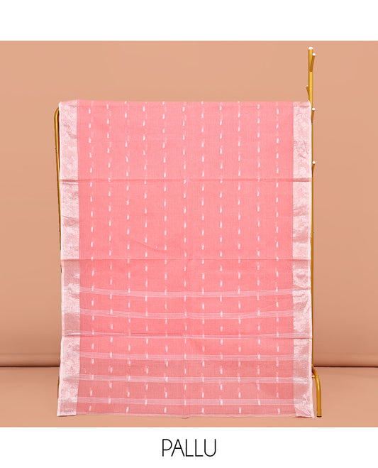 Peach Bengal Cotton Saree, Subtly Sparkled with Buttas All Over Its Body, Complemented by a Contrast Paisley Zari Design Border, Pallu of Stripes, and Paired with a Matching Blouse
