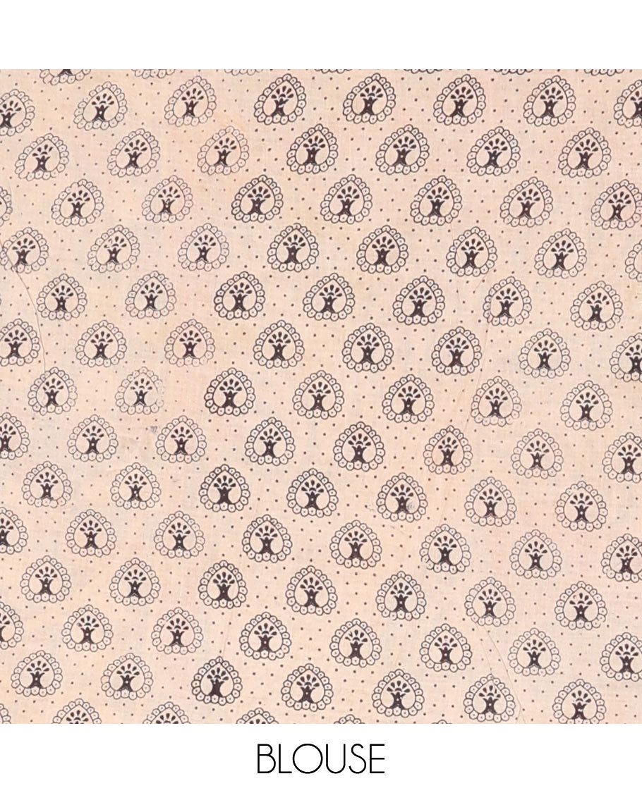 Black plain machine-printed kalamkari cotton saree, contarst human figurines printed border & pallu of peacock & floral vine print