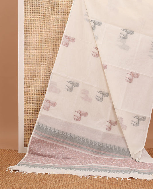 Borderless light cream  Horse buttas woven Coimbatore cotton saree, self-pallu of geometric patterns