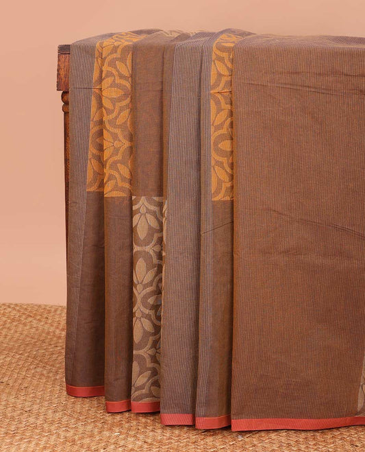 Borderless brown jaal patterned gird buttas Coimbatore cotton saree, self-pallu of jaal and leaf motifs