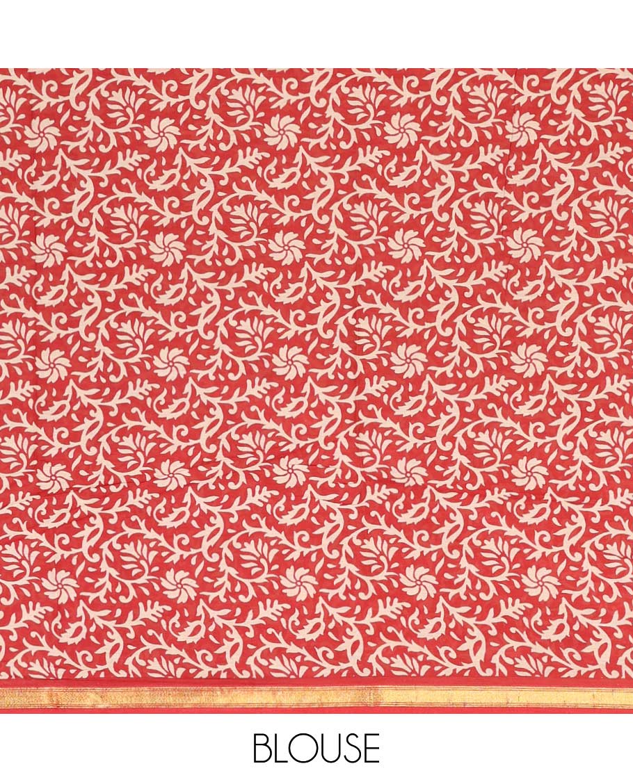 Orange floral motifs printed mul mul cotton saree, contrast floral vine printed border, and pallu of floral print