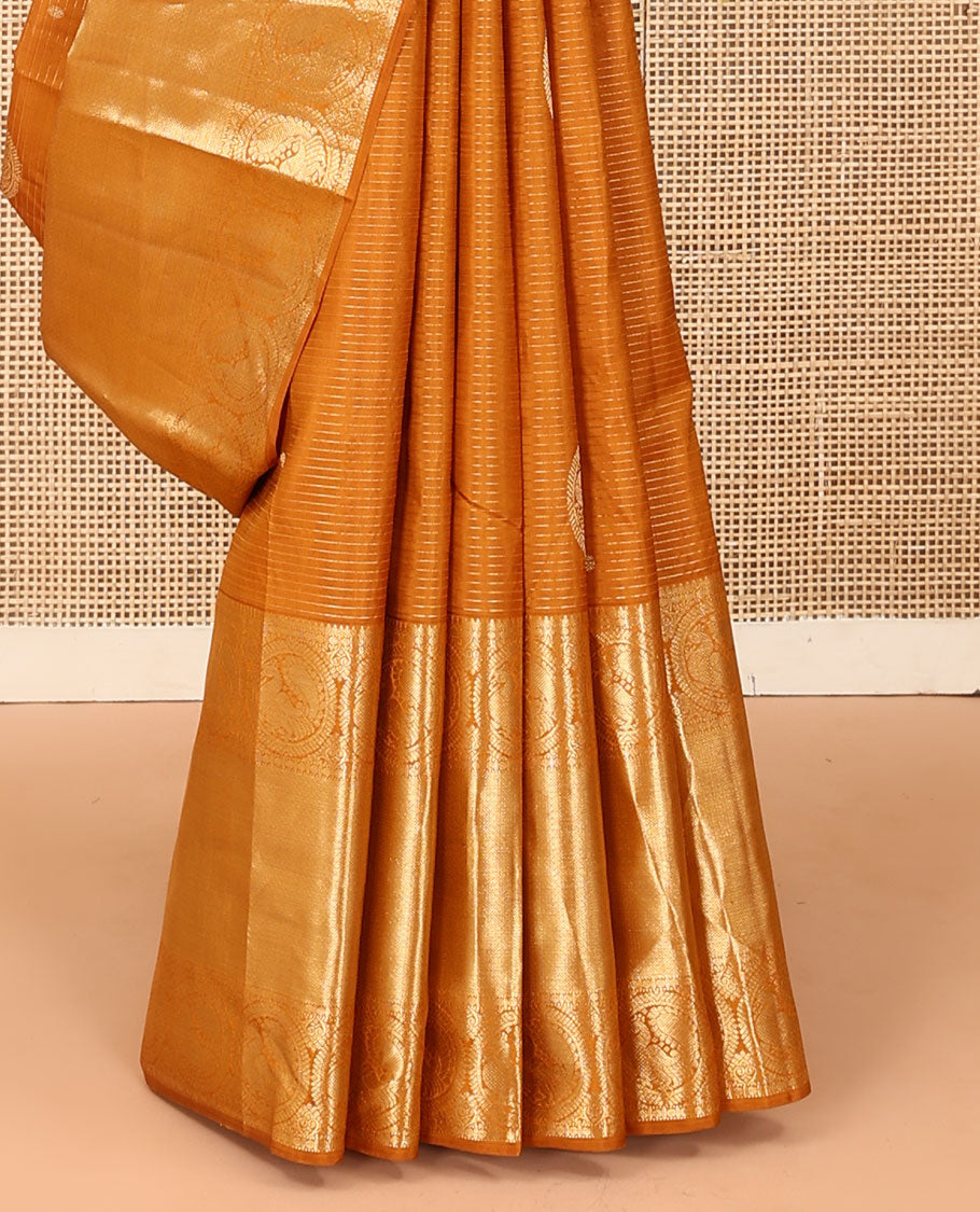 Mustard zari stripes and buttas Kanchipuram silk saree,  zari border of thilakam, paisa, round mayil, and mayil kann designs, and jaal pallu
