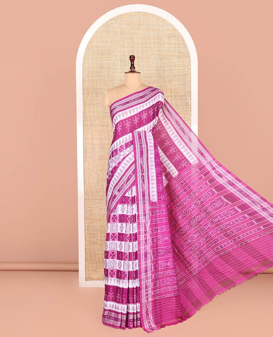 Rani Odisha Cotton Saree, Accentuated with Butta Enclosed Checks and Temple Designs All Over the Body, Subtly Woven Border, Pallu Depicts Geometric Patterns, and Has No Blouse