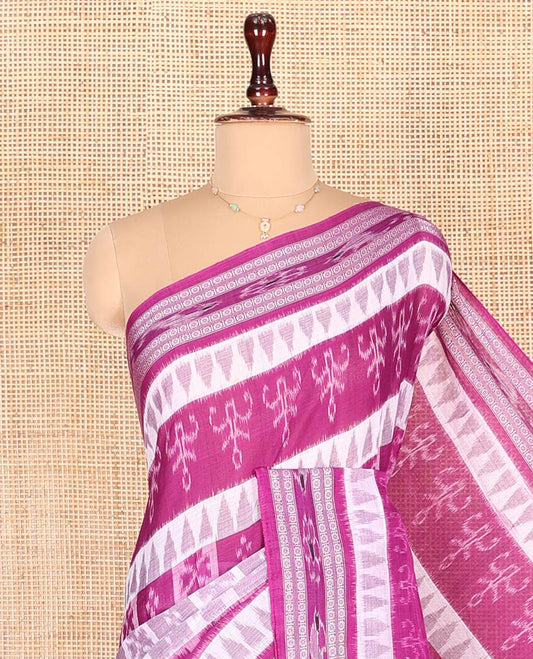 Rani Odisha Cotton Saree, Accentuated with Butta Enclosed Checks and Temple Designs All Over the Body, Subtly Woven Border, Pallu Depicts Geometric Patterns, and Has No Blouse