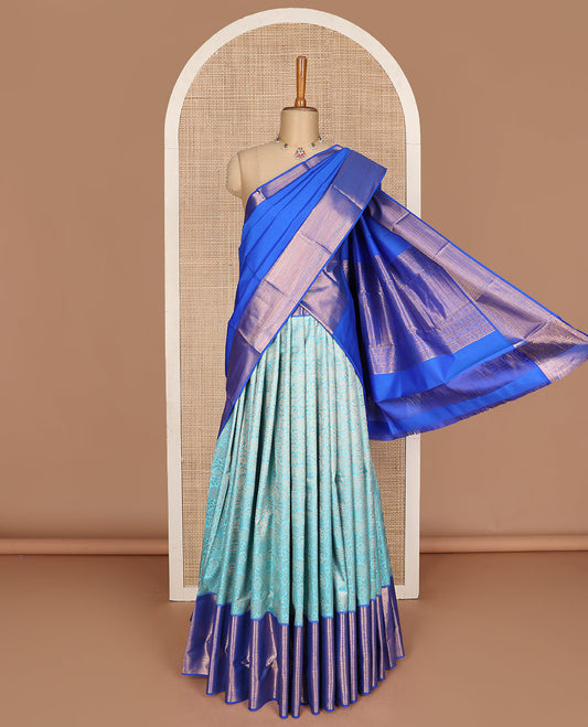 Blue pure silk half-saree, floral jaal jacquard with contrast traditional zari bordered skirt, contrast zari design blouse, and zari design dhavani