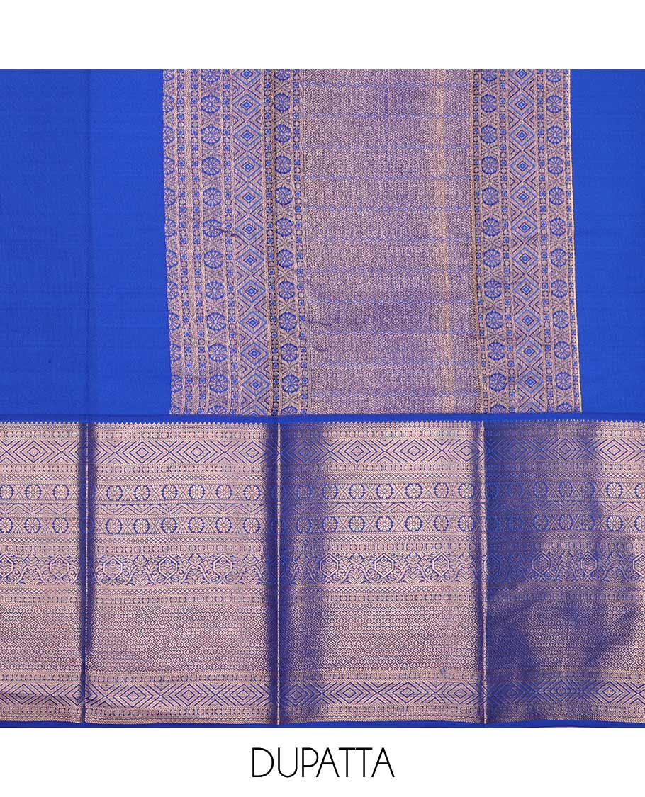 Blue pure silk half-saree, floral jaal jacquard with contrast traditional zari bordered skirt, contrast zari design blouse, and zari design dhavani