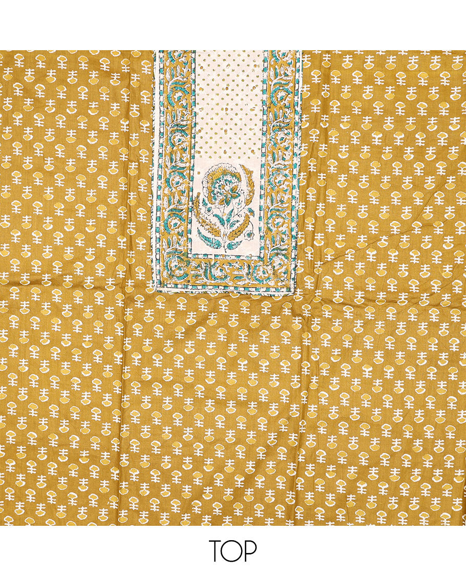 Yellow cotton chudidhar material set, floral printed & neck work top, paisley printed bottom & floral printed dupatta