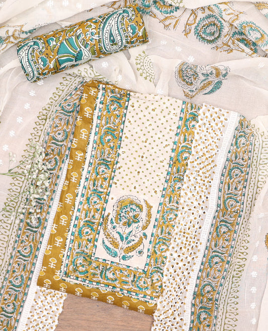 Yellow cotton chudidhar material set, floral printed & neck work top, paisley printed bottom & floral printed dupatta