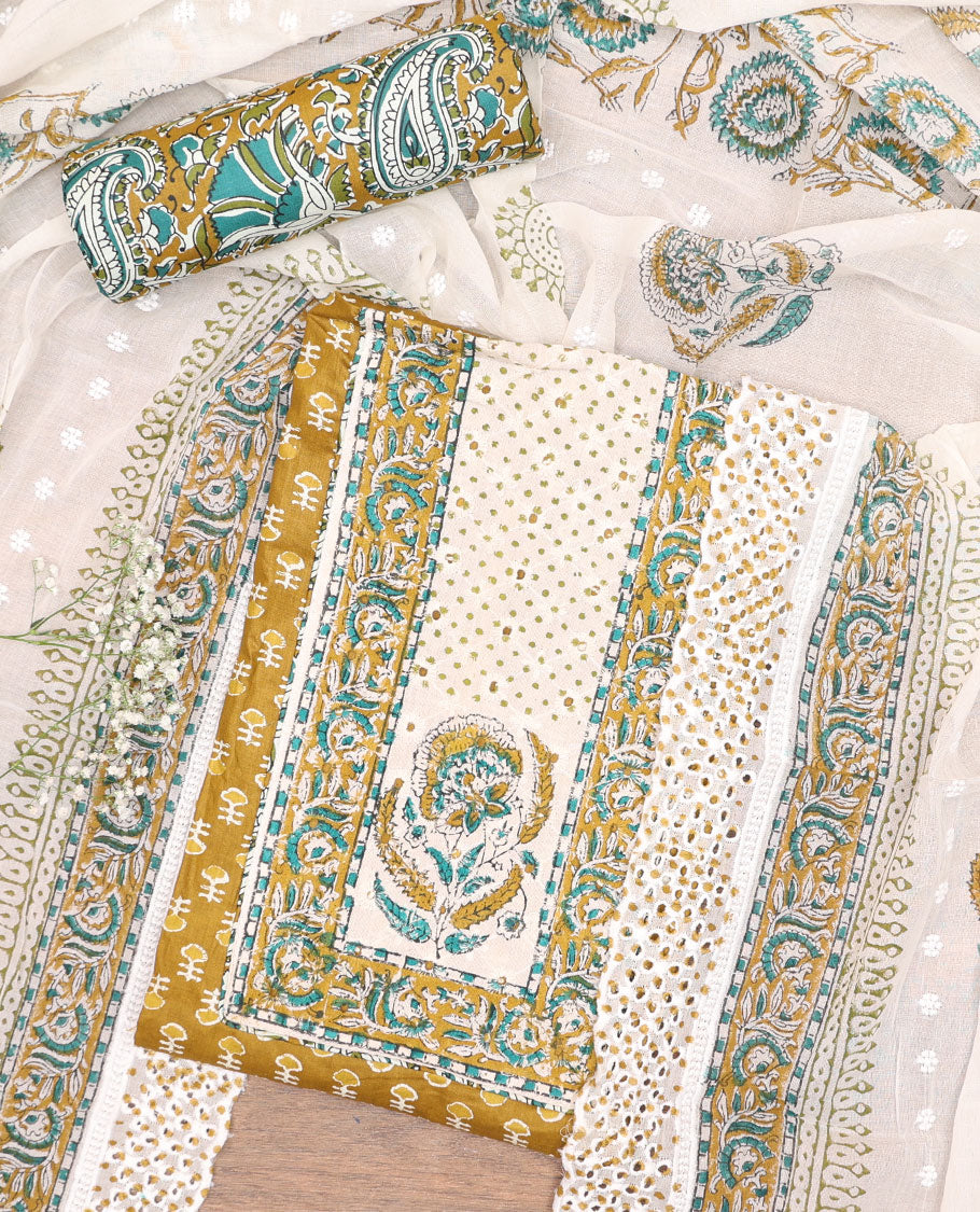 Yellow cotton chudidhar material set, floral printed & neck work top, paisley printed bottom & floral printed dupatta