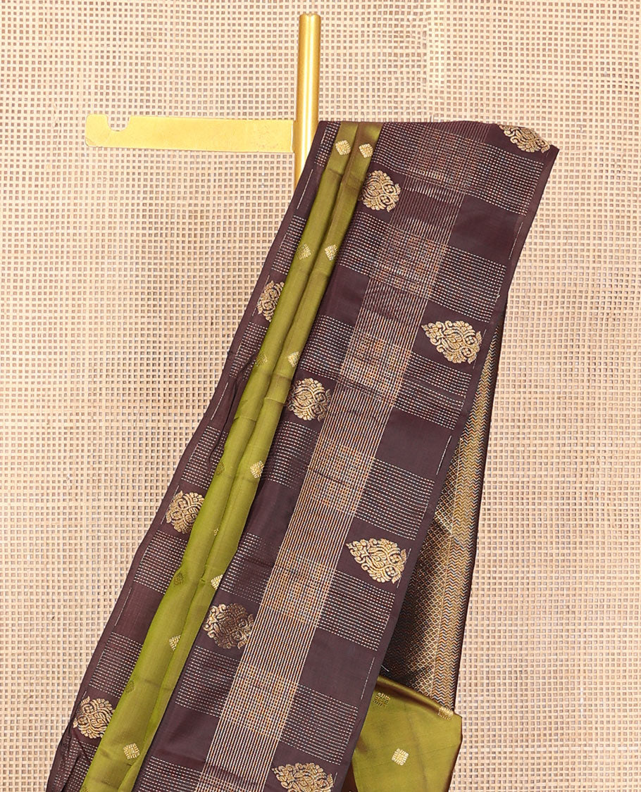Mehendi green zari buttas Vasundhara silk mix saree, contrast zari design border & geometric patterned pallu