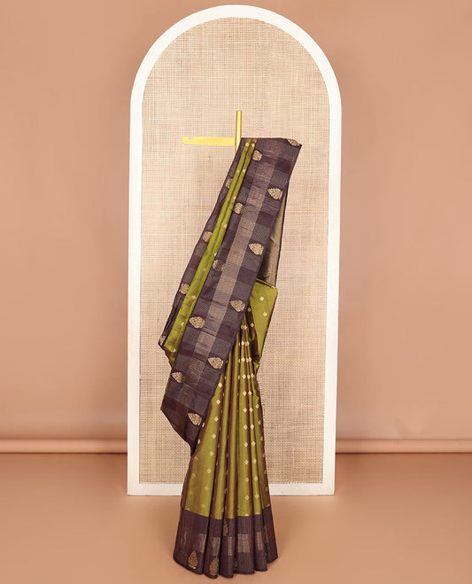Mehendi green zari buttas Vasundhara silk mix saree, contrast zari design border & geometric patterned pallu
