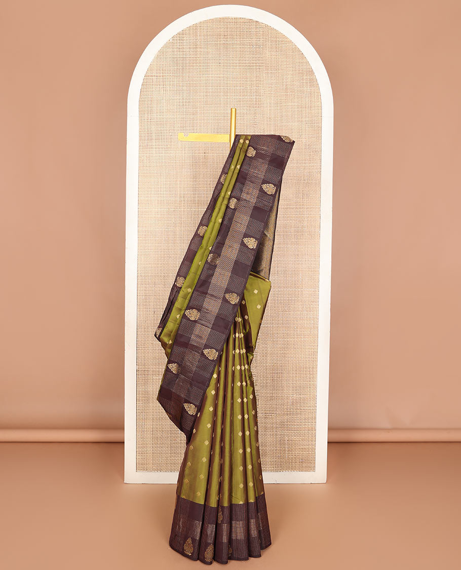 Mehendi green zari buttas Vasundhara silk mix saree, contrast zari design border & geometric patterned pallu