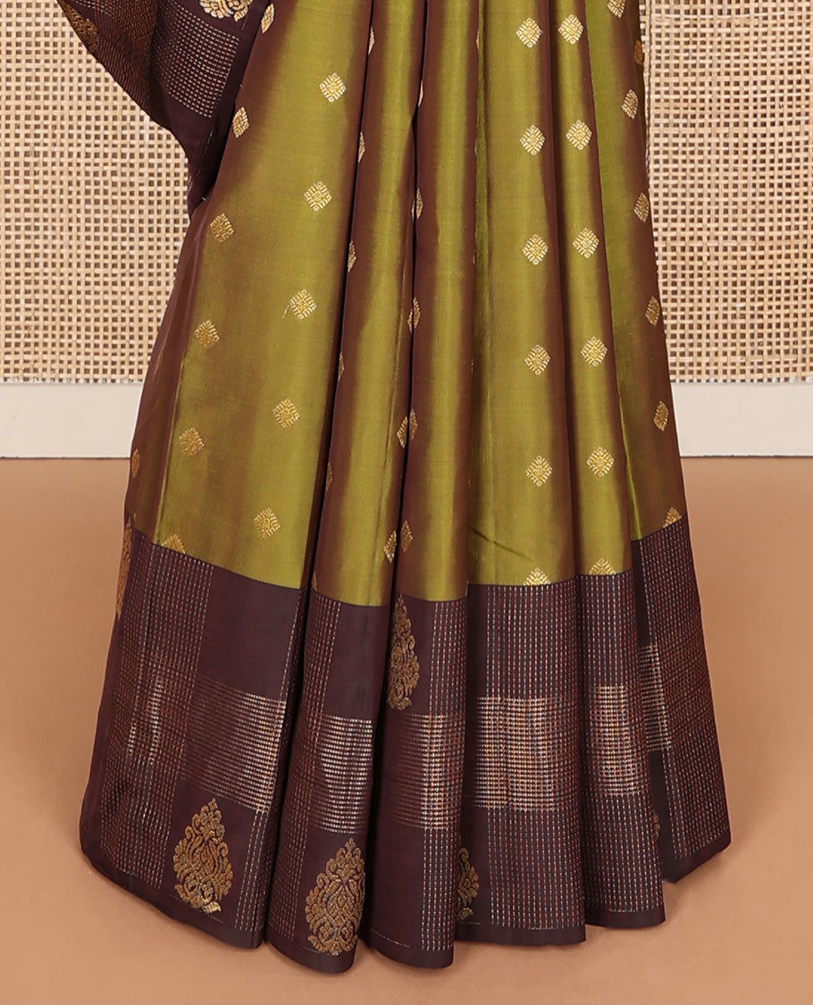 Mehendi green zari buttas Vasundhara silk mix saree, contrast zari design border & geometric patterned pallu