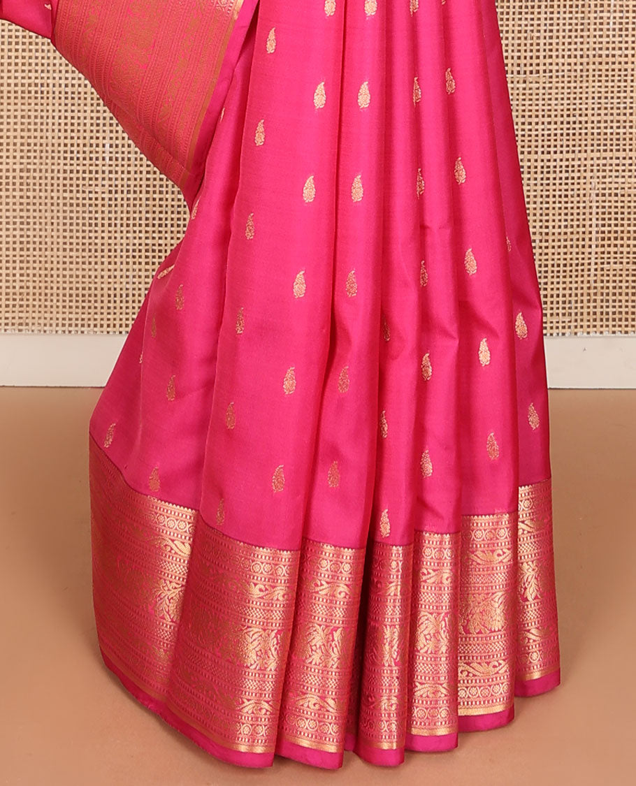 Pink zari buttas vasundhara silk mix saree, zari border of rekku,muthu,bentex & kodi visiry & chakram motifs steeped pallu
