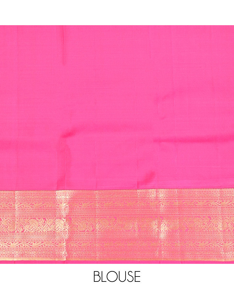Pink zari buttas vasundhara silk mix saree, zari border of rekku,muthu,bentex & kodi visiry & chakram motifs steeped pallu