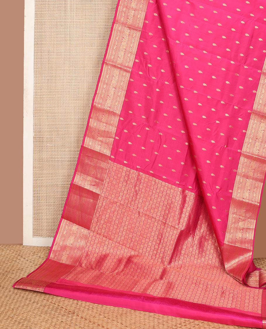 Pink zari buttas vasundhara silk mix saree, zari border of rekku,muthu,bentex & kodi visiry & chakram motifs steeped pallu