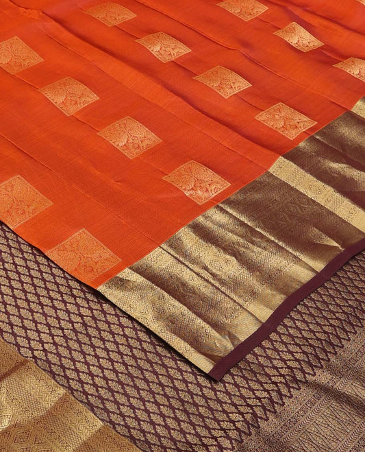 Orange zari buttas Vasundhara silk mix saree, contrast traditional zari design border, and jaal pallu