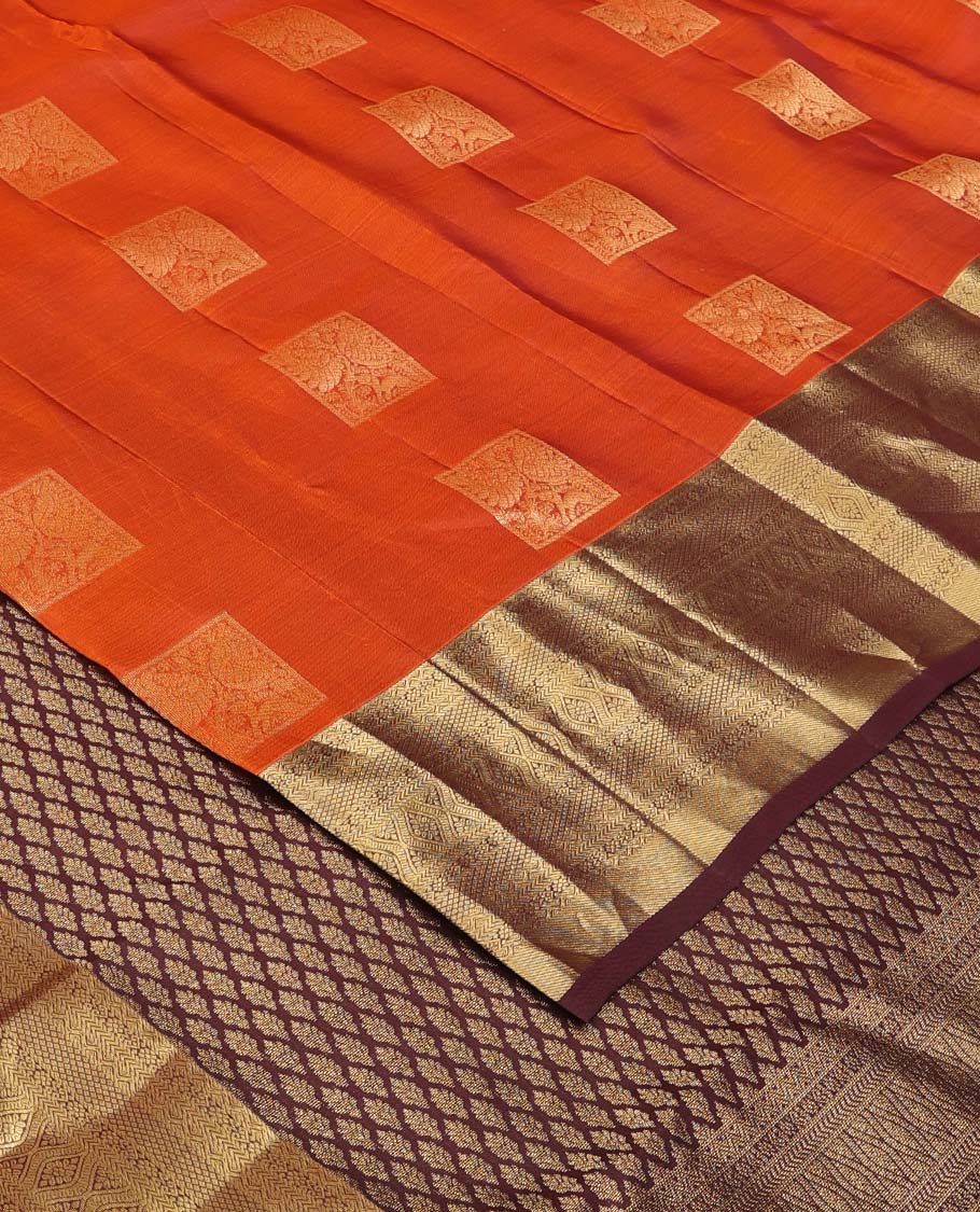 Orange zari buttas Vasundhara silk mix saree, contrast traditional zari design border, and jaal pallu