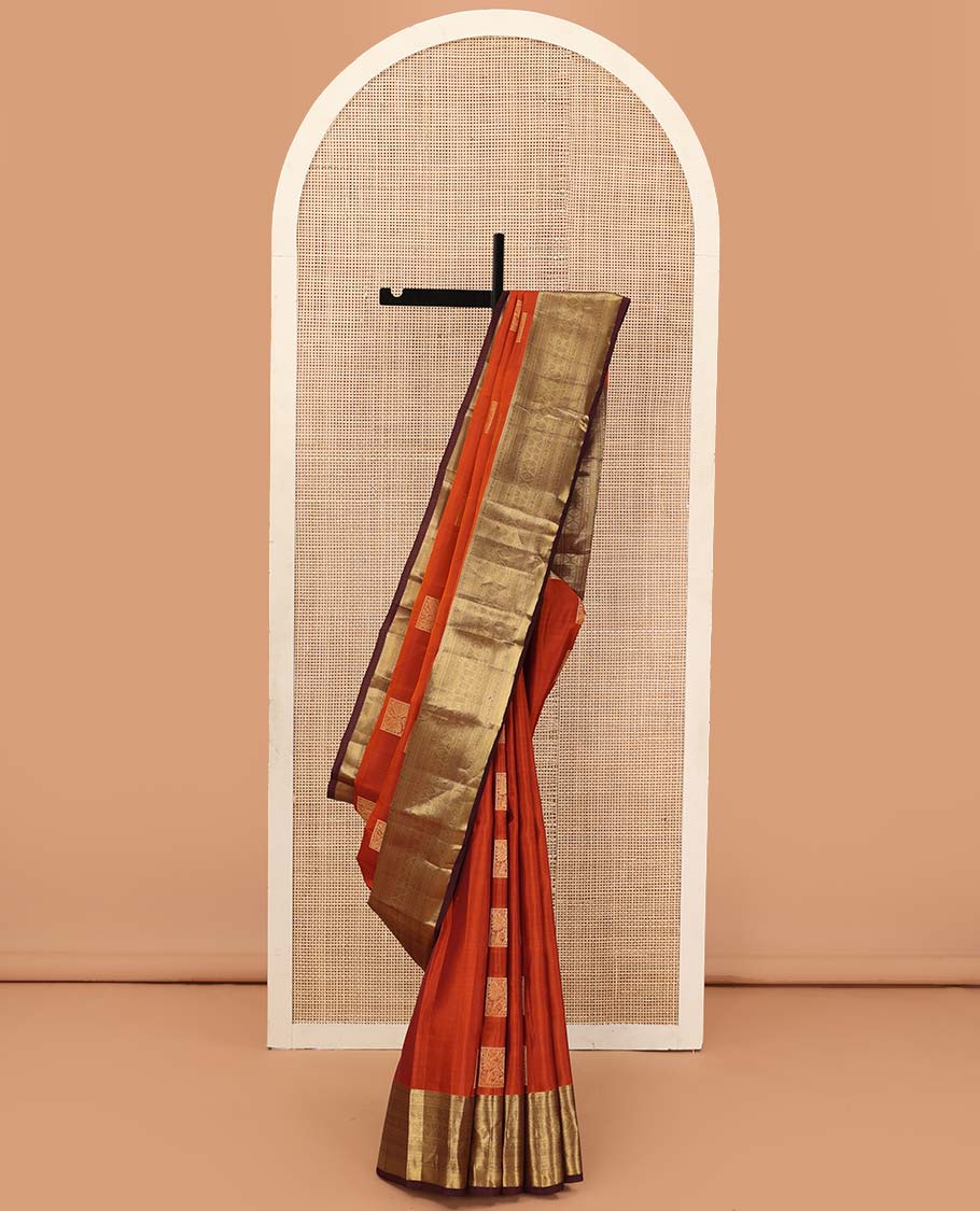 Orange zari buttas Vasundhara silk mix saree, contrast traditional zari design border, and jaal pallu