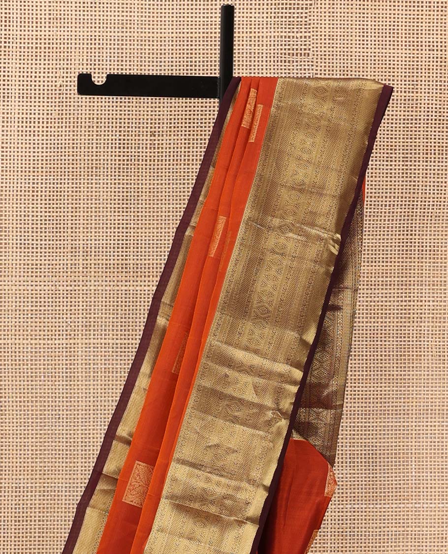 Orange zari buttas Vasundhara silk mix saree, contrast traditional zari design border, and jaal pallu