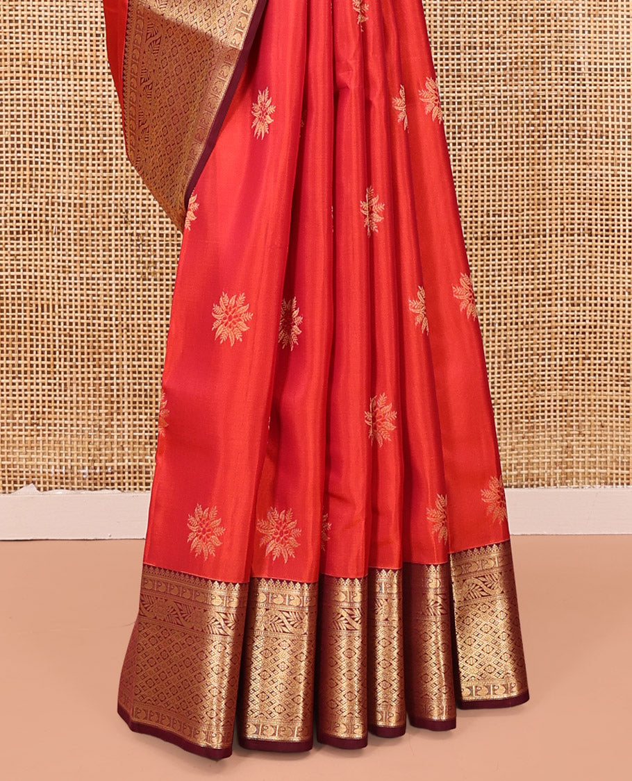Orange Vasundhara Lite Silk Mix Saree, Accentuated With Zari Buttas All Over Its Body, Complemented by Contrast Traditional Zari Designs Woven Border of Manga, Floral, and Jaal Designs, Grand Jaal Pallu and Paired with a Contrast Blouse