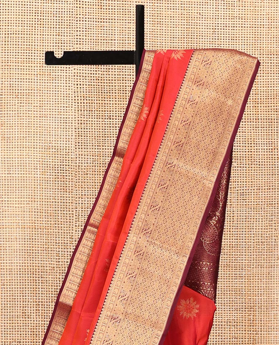 Orange Vasundhara Lite Silk Mix Saree, Accentuated With Zari Buttas All Over Its Body, Complemented by Contrast Traditional Zari Designs Woven Border of Manga, Floral, and Jaal Designs, Grand Jaal Pallu and Paired with a Contrast Blouse