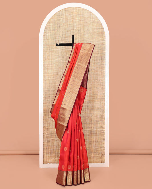 Orange Vasundhara Lite Silk Mix Saree, Accentuated With Zari Buttas All Over Its Body, Complemented by Contrast Traditional Zari Designs Woven Border of Manga, Floral, and Jaal Designs, Grand Jaal Pallu and Paired with a Contrast Blouse