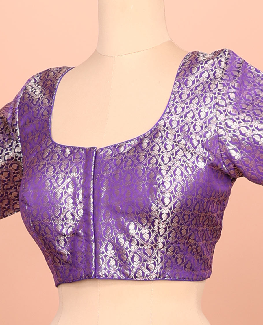 Violet paisleys-theme jacquard front-back round neck elbow-sleeve readymade blouse