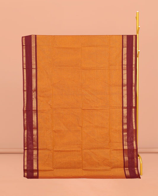 Orange Chettinad Cotton Saree, Woven with Stripes, Complemented by Contrast Rettai Pettu Traditional Zari Border, Striped Pallu, and a Matching Blouse