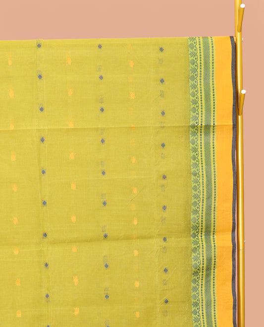 Green Bengal Cotton Saree, Featuring Buttas, Contrast Traditional Design Border, a Pallu of Stripes and Buttas, and a Matching Blouse