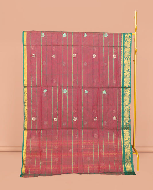 Red Venkatagiri Cotton Saree, Accentuated with Peacock Buttas and Stripes, a Contrast Floral Creeper  Zari Border, Pallu of Buttas and Stripes, and No Blouse