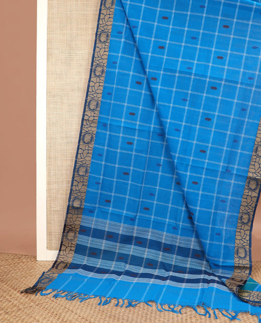 Blue checked Venkatagiri cotton saree with buttas, contrast round peacock border & pallu of stripes & buttas