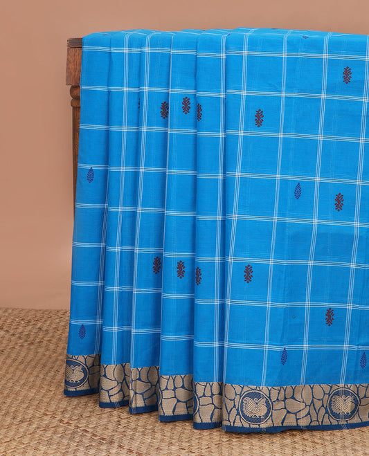 Blue checked Venkatagiri cotton saree with buttas, contrast round peacock border & pallu of stripes & buttas