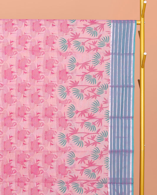 Pink Chirala Cotton Saree, Decked Up with Swan and Floral Print, Contrast Striped Border, Floral Printed Pallu, and a Matching Blouse