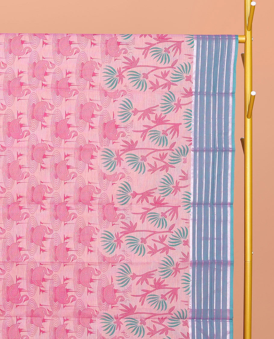 Pink Chirala Cotton Saree, Decked Up with Swan and Floral Print, Contrast Striped Border, Floral Printed Pallu, and a Matching Blouse