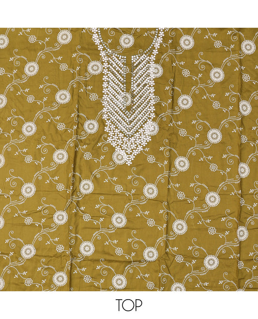 Green Material Chudidar Set, Elevated with Intricately Printed and Neck Embroidery  Rayon Top, a Contrast Polka Dot Printed Bottom, and Paired with Embroidered Chiffon Dupatta