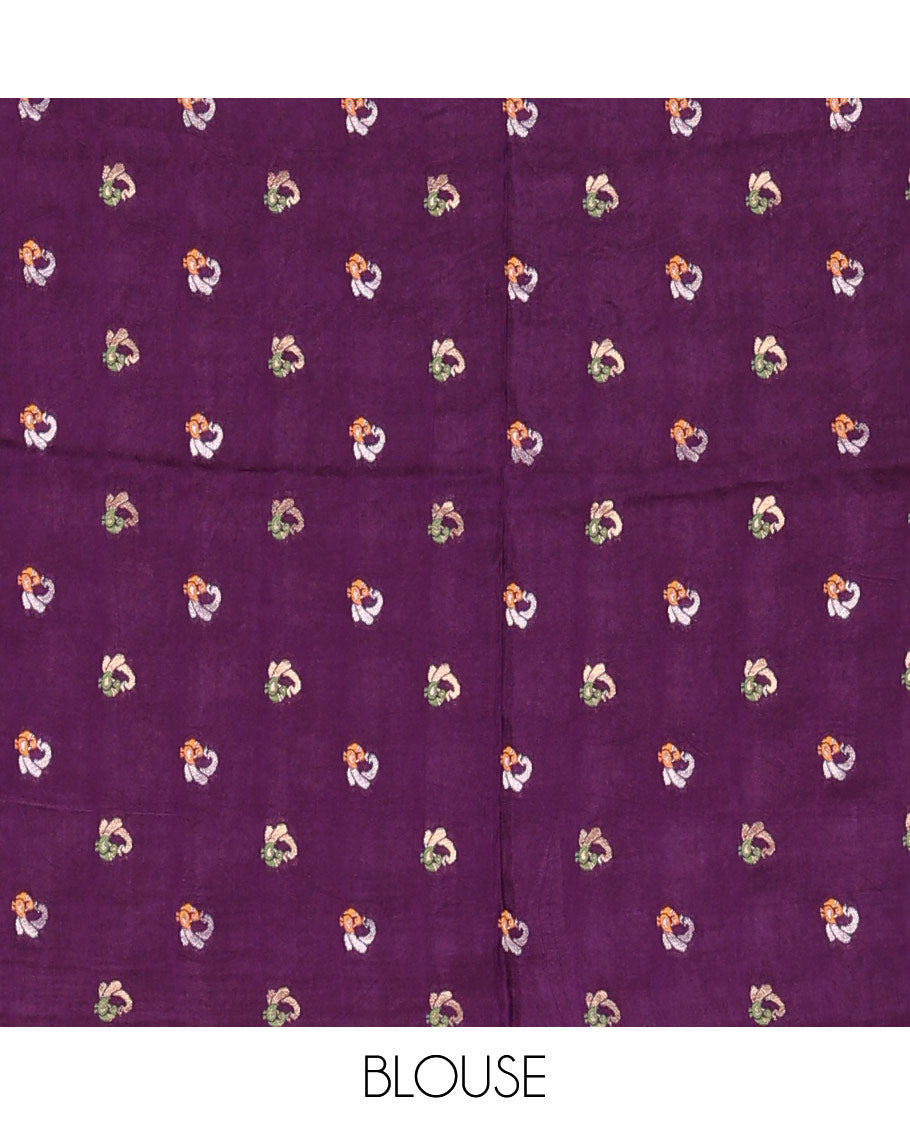 Rani elephant motifs woven Russian silk saree, traditional motifs piping border, zari striped pallu, and a contrast buttas blouse