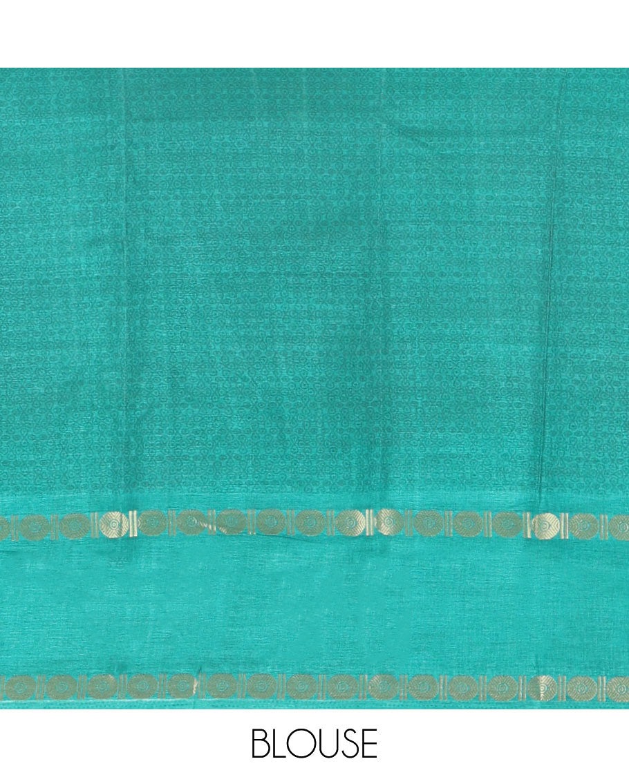 Blue Art Tussar Saree, Adorned with Kolam Buttas, a Contrast Rettai Pettu Rudraksham Border, Kolam Pallu, and a Contrast Blouse