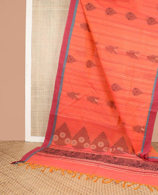 Orange all-over floral design coimbatore cotton saree with contrast plain border