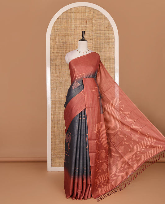Borderless grey and pink zari stripes and geometric patterns printed soft tussar saree, geometric printed pallu, and contrast diamond motif printed blouse