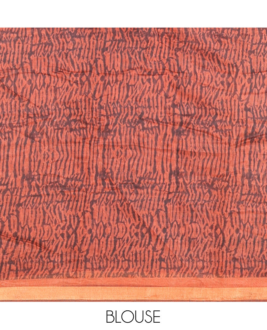 Rust Linen Cotton Saree, Adorned with Shibori Checks, a Subtle Piping Border, Geometric Pallu, and a Matching Blouse