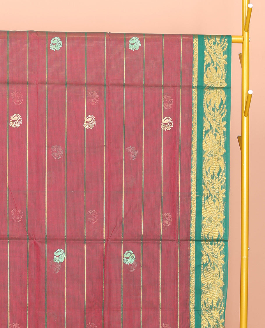 Red Venkatagiri Cotton Saree, Accentuated with Peacock Buttas and Stripes, a Contrast Floral Creeper  Zari Border, Pallu of Buttas and Stripes, and No Blouse