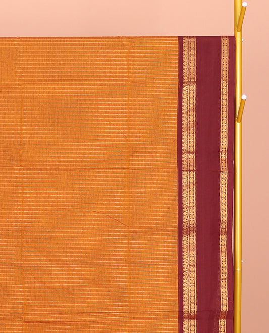 Orange Chettinad Cotton Saree, Woven with Stripes, Complemented by Contrast Rettai Pettu Traditional Zari Border, Striped Pallu, and a Matching Blouse