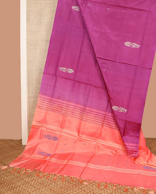 Borderless Purple Banana Pith Saree, Elevated with Floral Buttas All Over Its Body, Complemented by a Contrast Pallu Depicting Stripes and Floral Buttas, and Paired with a Contrast Blouse